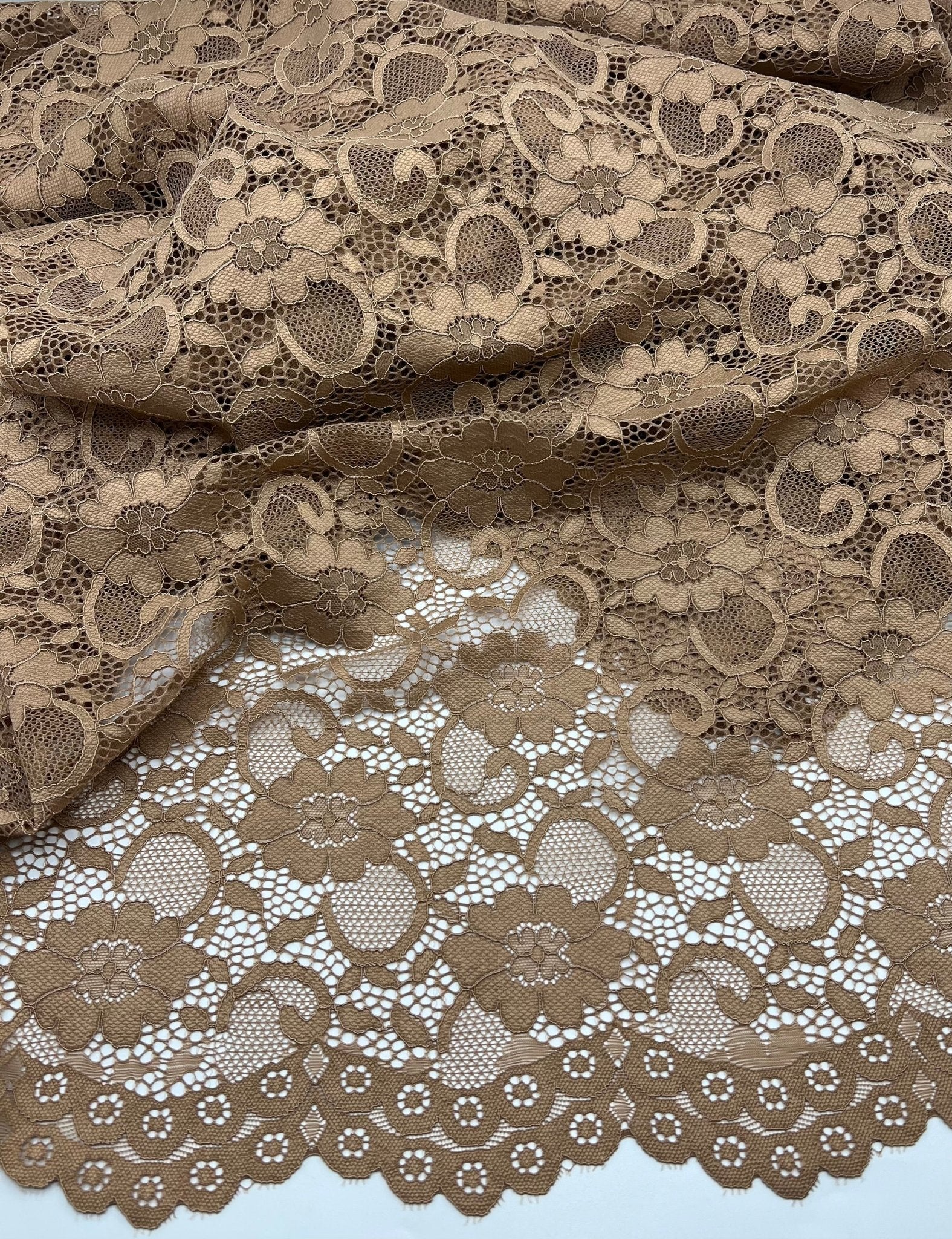Camel Scalloped Edge Floral Lace Fabric Stretch - T9 Fabrics